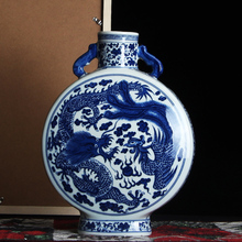 Старинная синяя и белая ваза Цзиндэчжэнь с узором дракона, ваза с двойными ушками, старинный фарфор мин и син 2024 - купить недорого