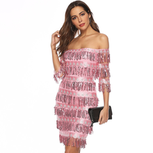 Mulheres Sexy Vestido de Verão 2019 Nova Praia de Slash Neck Lantejoula Borlas Mini Vestido Lápis Vestidos de Festa Retro Elegent Vestidos 2024 - compre barato