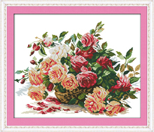 Cesta de rosas para punto de cruz, kit de flores, 18ct, 14ct, 11ct, lienzo estampado con cuentas, bordado artesanal, costura hecha A mano 2024 - compra barato
