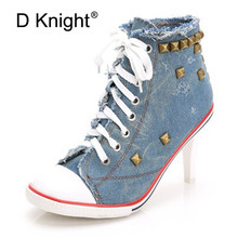 Fashion New Blue Denim Canvas Pumps Shoes High Heels Spike Punk Lace Up Casual Botas Feminina Ankle Boots Shoes Women Big Size 9 2024 - buy cheap