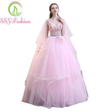 SSYFashion New Sweet Pink Lace Prom Dress Photography Lace Appliques V-neck A-line Floor-length Banquet Party Formal Gowns 2024 - buy cheap