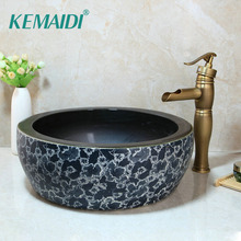 KEMAIDI Wash Basin Faucet Set Tranditional Design Bathroom Ceramic Round Sink  Antique Brass Deck Mounted Tap Mixer Faucet 2024 - buy cheap