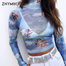 ZHYMIHRET Kawaii Cupid Print Mesh Crop Top Autumn T Shirt Women Long Sleeve Mock Neck Tshirt Poleras De Mujer Moda Camisas Mujer 2024 - buy cheap