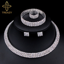 TREAZY-Conjunto de joyería africana, conjunto de 3 filas de diamantes de imitación clásicos, cristal, Color plateado, collar, pendientes, pulsera, anillo, novia, boda 2024 - compra barato