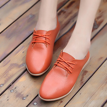 Genuine Leather Oxford Shoes For Women Round Toe Lace-Up Casual Shoes Orange Flat Loafers Shoes 2024 - buy cheap