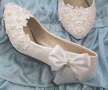 New 2018 women's wedding shoes white low high heels bow flower lace bridal wedding pumps custom handmade pearl brides shoes 2024 - buy cheap
