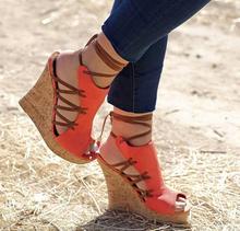 New Summer Girls Blue or Orange Wedge Cuts Out Lace Up Back Peep Toe Comfortable Platform Plus Size Sandals Shoes Woman Size 43 2024 - buy cheap