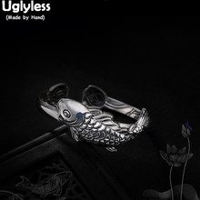 Uglyless Real Solid 999 Full Silver Fish Bangles for Women Handmade Fishes Open Bangle Thai Silver Lotus Bracelet Ethnic Jewelry 2024 - buy cheap