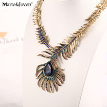 Marte&Joven Hyperbole Crystal Peacock Feather Bib Statement Choker for Women Blue Stone Vintage Chunky Collar Necklace 2024 - buy cheap