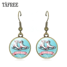 TAFREE Vintage antique bronze Drop Earrings ice skating art picture dangle earrings glass round Decorative  jewelry ST65 2024 - buy cheap