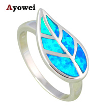 Leaf design Fashion Brand Silver Stamped fashion jewelry Blue fire Opal wedding Rings for women USA SZ #6#7#7.5#8#9 OR689A 2024 - buy cheap