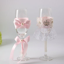 Juego de 2 unidades de copas de champán para boda, toasingflautas con encaje rosa y corona de cristal para decoración rústica de boda 2024 - compra barato