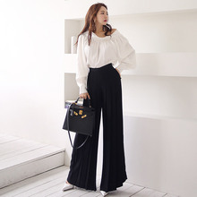 Office Work Suit Set Slash Neck Pleated White Shirt and Empire Long Wide Legge Pant Corset Two Pieces Set Plus Size 2019 Summer 2024 - buy cheap