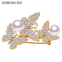 ZHBORUINI 2019 New Fine Jewelry Natural Freshwater Pearl Brooch Micro Zircons Three Butterfly Brooch Pins Pearl Jewelry Women 2024 - buy cheap