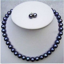 Conjunto de collar de perlas de agua dulce para mujer, aretes, perlas naturales reales hechas a mano, color negro, AA, 18 '', 9-10MM, para boda 2024 - compra barato