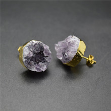 Natural Drusy Purplw Stone Round Shape Earrings Gold Color Plating Fashion Woman Jewelry 2024 - buy cheap