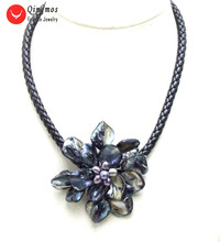 Qingmos-collar con colgante de flor y concha para mujer, gargantilla de 70mm con carcasa negra de perla flor, joyería de 18 ", Nec6317 2024 - compra barato