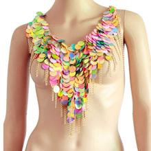 Chran Classic Rainbow Sequin Bra Harness Sexy Beach Bikini Body Chain Jewelry Fringe Necklace 2024 - buy cheap