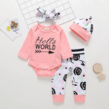Комплект одежды для новорожденных девочек, хлопковый комбинезон с длинными рукавами «Hello World» + штаны + повязка на голову, комплект из 3 предметов, одежда для маленьких девочек, 2019 2024 - купить недорого