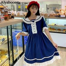 New Japanese Summer Women Lolita Princess Dress Peter Pan Collar Blue High Waist Elegant Dress Flare Sleeve Kawaii Ruffles Dress 2024 - buy cheap