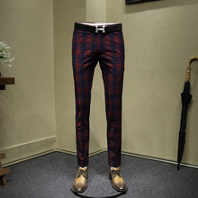 Мужские классические брюки, красные свадебные Брюки для жениха, облегающие офисные брюки, мужские Модные деловые брюки в клетку в Корейском стиле 2024 - купить недорого