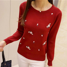 Fashion Embrodiery Floral Women Autumn Winter Cotton Blend Long Sleeve O-neck Sweater Knitted Pullover Jersey Jumper Slim Tops 2024 - buy cheap