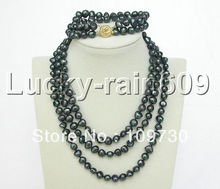 Jewelry 00322 stylish 49" 8-9mm baroque Black FW pearls necklace 2row bracelet set 2024 - buy cheap