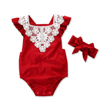 Nuevo bebé niña ropa de encaje rojo cuello mono con diadema verano algodón sin espalda Bodysuits trajes 0-24M 2024 - compra barato