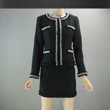 Jaqueta preto/branco tweed + saia terno frisado pesado outono/inverno casaco de lã feminino saia terno 2 peças 2024 - compre barato
