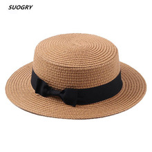 SUOGRY 2018 Summer Women Boater Beach Hat Female Casual Panama Hat Lady Brand Classic Bowknot Straw Flat Sun Hat Women Fedora 2024 - buy cheap