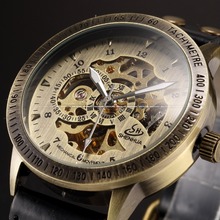 Shenhua-reloj mecánico automático para hombre, pulsera de cuero con esqueleto, marca de lujo, Estilo vintage, bronce 2024 - compra barato