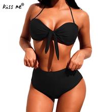 Bikini negro de cintura alta para mujer 2018 traje de baño con cordón Halter para mujer traje de baño de verano Bikini brasileño conjunto 2024 - compra barato