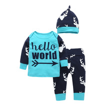 Hello World-Conjunto de ropa para bebés recién nacidos, Tops con letras impresas, pantalones y sombreros, moda para niños y niñas, 3 uds. 2024 - compra barato