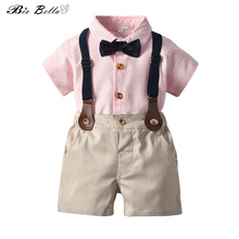 Fashion 2pcs Kids Set Boys Handsome Bow Tie Gentle Suit Short Sleeve Striped Shirt+Suspender Shorts Pants Children Clothing Set 2024 - buy cheap