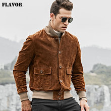 FLAVOR-Chaqueta de cuero auténtico para hombre, abrigo poroso de cuero genuino con cuello de pie, puño de canalé 2024 - compra barato