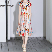 Han Zi Qian 2019 New Verão Designer de Moda Runway Vestido das Mulheres Sem Mangas Turn-down Collar Ocasional Cinto Fino impresso vestido 2024 - compre barato