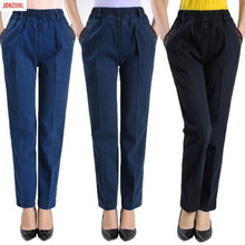 Calça jeans feminina de cintura elástica, calça reta para mulheres de meia-idade, solta, tamanho grande, casual, primavera e outono, novo, 2019 2024 - compre barato
