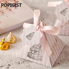 Pink Striped Paper Boxes Cake Triangular Pyramid Wedding Favors Candy Boxes +card+ribbon Party Gift Box Chocolate Box 50pcs 2024 - buy cheap