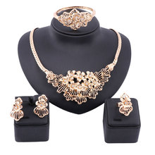 Conjunto de joias femininas douradas com flor, colar, brincos, pulseiras e anéis, acessórios para casamento, joias de noiva 2024 - compre barato