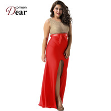 Comeondear A1068 Sexy Party Night Sequin Summer Dress Sleeveless Red Mermaid Gold Lace Dress O-Neck Hollow Out Maxi Evening Gown 2024 - buy cheap