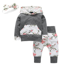 Bebê recém-nascido meninas roupas infantis da criança outfits flor impresso 3 pçs conjuntos de manga longa com capuz topos + calças bandana 2024 - compre barato