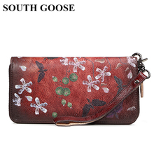 SOUTH GOOSE Genuine Leather Women Wallets Vintage Lady Long Handy Clutch Bag Floral Embossing Money Bag Card Holder Travel Purse 2024 - buy cheap