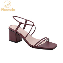 Phoentin narrow band women sandals 2019 slip on pu leather woman shoes luxury plus size high heels wine red chunky sandals FT685 2024 - buy cheap