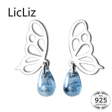 LicLiz-pendientes de plata de ley 925 con diseño de gota de agua y mariposa, joyería con diseño de Alas de Oro blanco y cristal azul, LE0475 2024 - compra barato