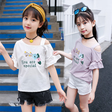 Camiseta de algodão solta para meninas, camiseta de manga curta com manga trompete e bordado de flores 2024 - compre barato