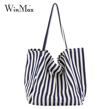 Winmax Women Striped Beach Bag Large Capacity Female Single Shoulder Bag Ladies Canvas Tote Girl's Casual Shopping Handbag 2024 - buy cheap