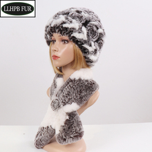 Hot Sale Women Real Fur Hat Scarf Sets Winter Warm Knit Rex Rabbit Fur Beanies Hats Scarves Female 100% Natural Fur Hat Scarf 2024 - compre barato