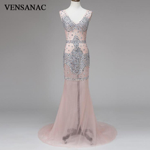 VENSANAC 2017 New Mermaid Crystals V Neck Long Evening Dresses Sleeveless See Through Elegant Sweep Train Lace Party Prom Gowns 2024 - buy cheap