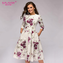 S.FLAVOR Women Floral Printed A-line Midi Dress Vintage Slim O-neck Vestidos For Female Women Autumn Casual Dresses 2024 - buy cheap