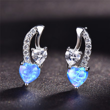 Female Double Heart Stud Earrings For Women 925 Silver Rose Gold Color Small CZ Blue White Fire Opal Earrings Valentine Gifts 2024 - buy cheap